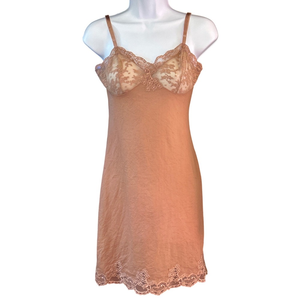 60s Van Raalte Hand Dyed Brown Full Slip Lace Trim Coquette Balletcore Romantic